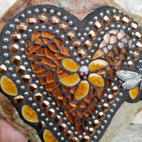 Copper Mosaic Heart Garden Stone with Brown Flowers