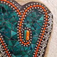 Dark Teal Mosaic Heart Garden Stone with Butterflies  