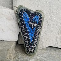 Blue Mosaic Heart Garden Stone with Angel Wings and Dragonfly