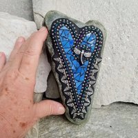 Blue Mosaic Heart Garden Stone with Angel Wings and Dragonfly