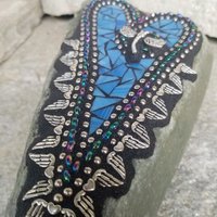 Blue Mosaic Heart Garden Stone with Angel Wings and Dragonfly