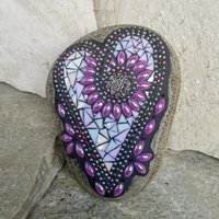 Iridescent Lavender Mosaic Heart, Purple Flowers, Garden Stone