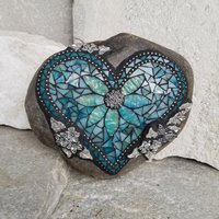 Teal on Teal Heart Mosaic Garden Stone with Butterfly