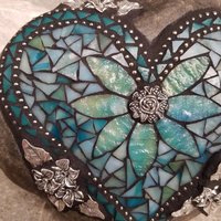 Teal on Teal Heart Mosaic Garden Stone with Butterfly