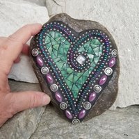 Green Mosaic Heart Garden Stone with Purple Flower Petals