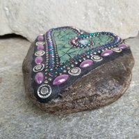 Green Mosaic Heart Garden Stone with Purple Flower Petals