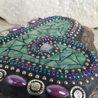 Green Mosaic Heart Garden Stone with Purple Flower Petals