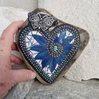 Iridescent White Mosaic Heart Garden Stone with Butterfly