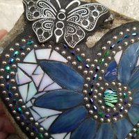 Iridescent White Mosaic Heart Garden Stone with Butterfly