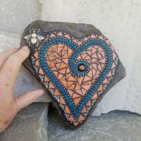 Orange and Teal Mosaic Heart Garden Stone 