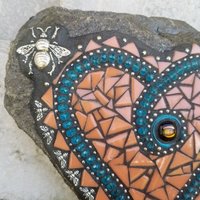 Orange and Teal Mosaic Heart Garden Stone 