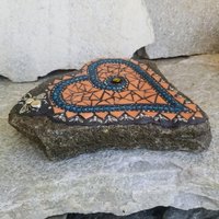 Orange and Teal Mosaic Heart Garden Stone 