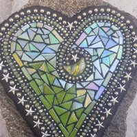 Iridescent Green Mosaic Heart Garden Stone with Silver Stars