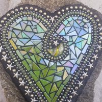 Iridescent Green Mosaic Heart Garden Stone with Silver Stars