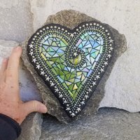 Iridescent Green Mosaic Heart Garden Stone with Silver Stars