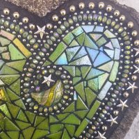 Iridescent Green Mosaic Heart Garden Stone with Silver Stars