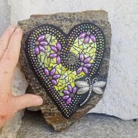 Yellow Mosaic Heart Garden Stone, Mosaic Garden Decor Purple Flowers
