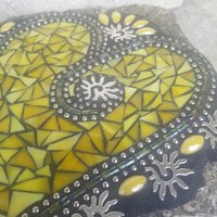 Sun Yellow Mosaic Heart Garden Stone, Mosaic Garden Decor  