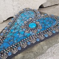 Iridescent Blue Mosaic Heart, Garden Stone, Garden Decor