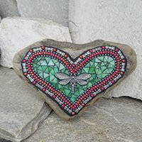 Dragonfly Green Mosaic Heart Garden Stone  
