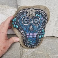 Blue Dia de los Muertos / Day of the Dead Skull Mosaic  Garden Stone  
