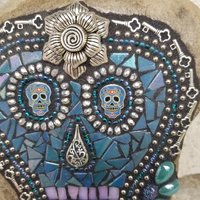 Blue Dia de los Muertos / Day of the Dead Skull Mosaic  Garden Stone  