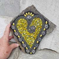 Sun Yellow Mosaic Heart Garden Stone, Mosaic Garden Decor  