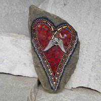 Iridescent Red Heart, Mosaic Garden Stone Angel Wing Heart