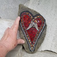 Iridescent Red Heart, Mosaic Garden Stone Angel Wing Heart