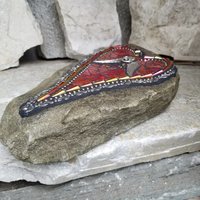 Iridescent Red Heart, Mosaic Garden Stone Angel Wing Heart