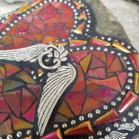 Iridescent Red Heart, Mosaic Garden Stone Angel Wing Heart