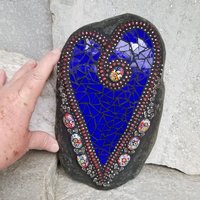  Dark Blue with Red Mosaic Heart Garden Stone  