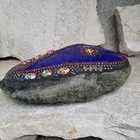  Dark Blue with Red Mosaic Heart Garden Stone  