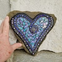 Iridescent Blue Mosaic Heart, Blue Flowers, Garden Stone
