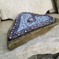 Iridescent Blue Mosaic Heart, Blue Flowers, Garden Stone