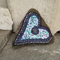 Iridescent Blue Mosaic Heart, Blue Flowers, Garden Stone
