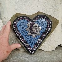 Medium Blue Mosaic Heart with Sea Shells Garden Stone