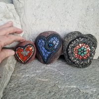 Mosaic Garden Set of 3  #2 Group Mosaic Heart and Stones 
