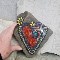 Iridescent Orange Red Mosaic Heart Garden Stone with Hummingbird