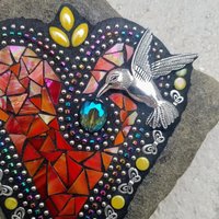 Iridescent Orange Red Mosaic Heart Garden Stone with Hummingbird