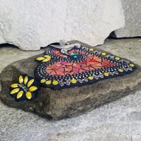 Iridescent Orange Red Mosaic Heart Garden Stone with Hummingbird