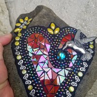 Iridescent Orange Red Mosaic Heart Garden Stone with Hummingbird