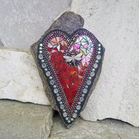 Iridescent Red Heart Mosaic Garden Stone with Dragonfly