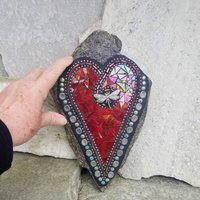 Iridescent Red Heart Mosaic Garden Stone with Dragonfly