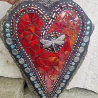 Iridescent Red Heart Mosaic Garden Stone with Dragonfly
