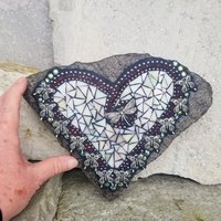 Iridescent Cream Mosaic Heart Garden Stone w/Butterflies 