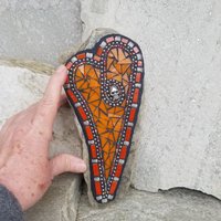 Orange Mosaic Heart Garden Stone w/Skull