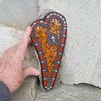 Orange Mosaic Heart Garden Stone w/Skull