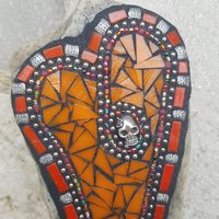 Orange Mosaic Heart Garden Stone w/Skull