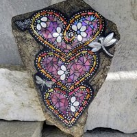 Large Iridescent Pink 3 Heart Mosaic Garden Stone